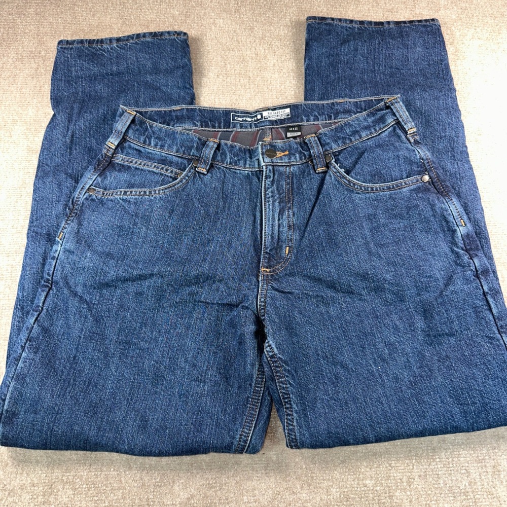 Carhartt Relaxed Fit Flannel Lined Denim Jeans Dark Wash Blue 33x32 Mens